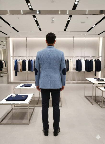 Premium Blue Textured Blazer with Elbow Patch Detail