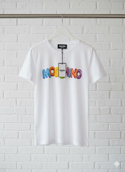 Trendy White Graphic T-Shirt with Colorful Logo Print