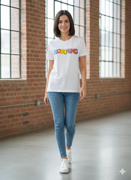 Trendy White Graphic T-Shirt with Colorful Logo Print