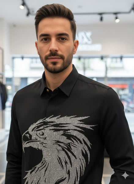 Premium Brand Eagle Print Black Shirt Bold Luxury Style