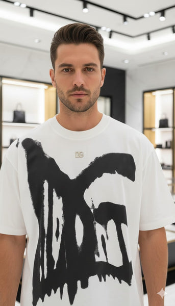 Luxury imported  White Graphic T-Shirt – Bold Paint Logo Design