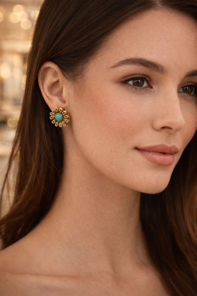 Elegant Gold Single-Ear Stud Earrings with Turquoise Accent