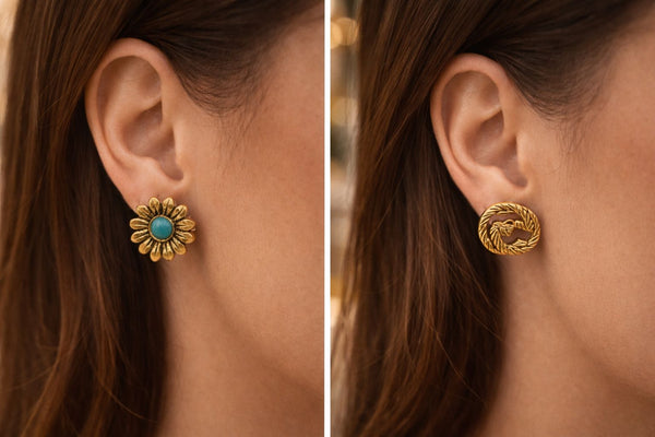 Elegant Gold Single-Ear Stud Earrings with Turquoise Accent