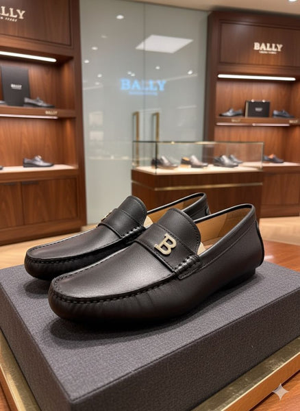 Luxury Black Leather Loafers with Classic Metal Initial Detail