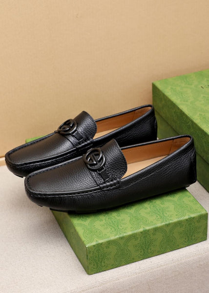 Luxury Black Leather Slip-On Loafers with Iconic Buckle