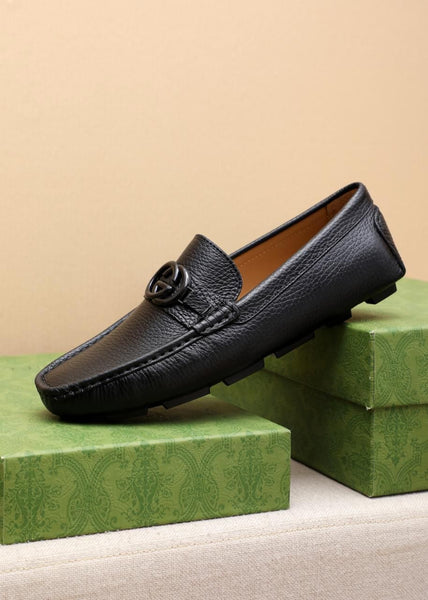 Luxury Black Leather Slip-On Loafers with Iconic Buckle