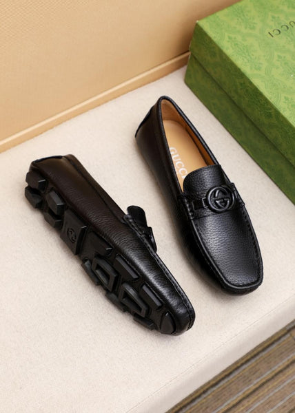 Luxury Black Leather Slip-On Loafers with Iconic Buckle