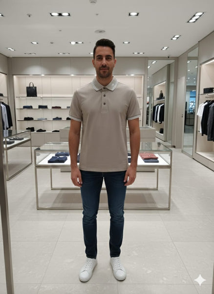 Classic Beige Polo T-Shirt with Refined Contrast Collar