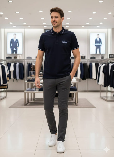 Luxury Imported Brand Navy Blue Polo T-Shirt with Contrast Trim