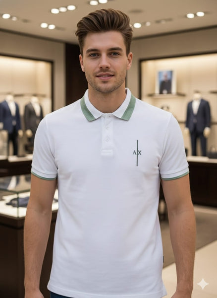 Men’s Premium White Polo T-Shirt with Green Trim