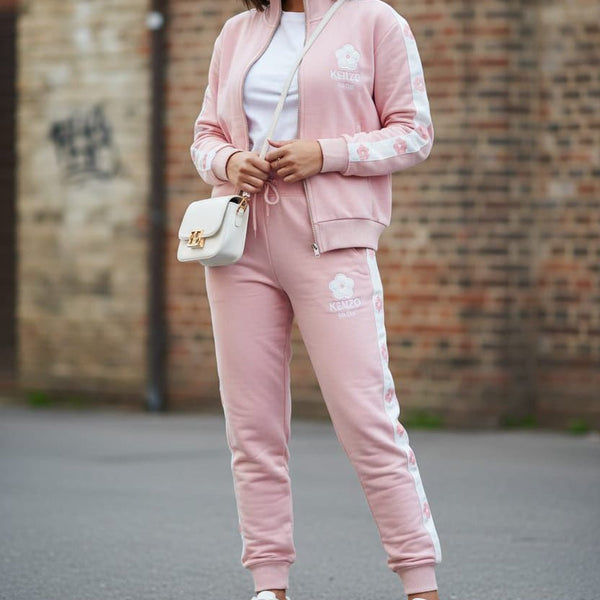 Luxurious  Floral Trim Pink Track Set Lower and jacket For Women