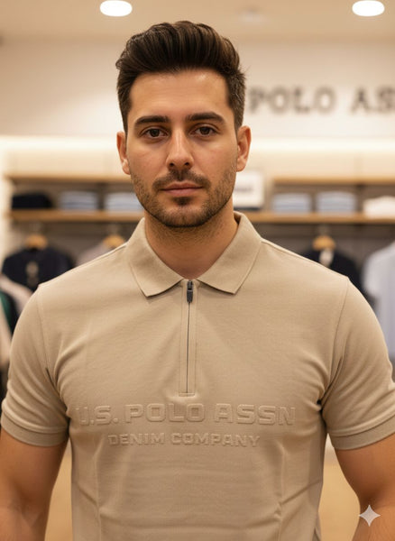Men’s Beige Zip-Neck Polo T-Shirt with Embossed Logo Design