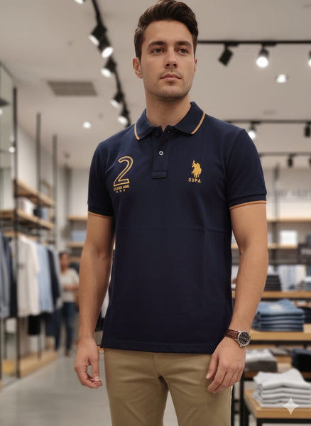 Men’s Navy Blue Polo T-Shirt with Contrast Piping & Embroidered Logo