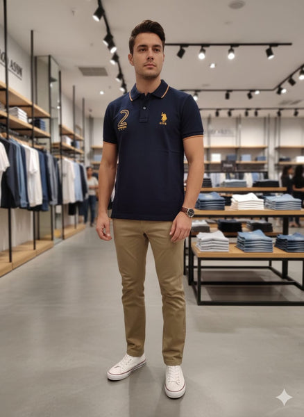 Men’s Navy Blue Polo T-Shirt with Contrast Piping & Embroidered Logo