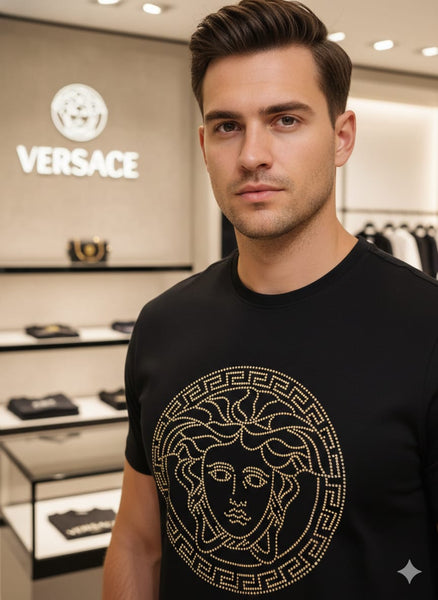 Gold Medusa Print Black Luxury T-Shirt