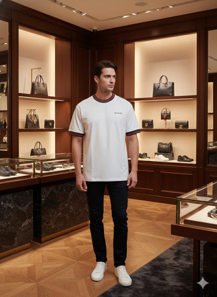 Luxury Brand White Classic Oversized Tee with Signature Web Trim