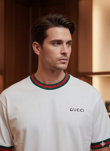 Luxury Brand White Classic Oversized Tee with Signature Web Trim