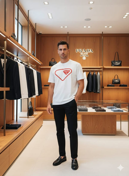 Luxury Brand White Drop Shoulder T-Shirt with Iconic Triangle Logo Print