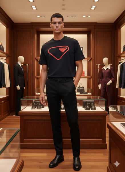 Luxury Black Drop shoulder T-Shirt with Bold Red Triangle Logo Print