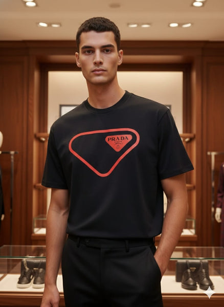 Luxury Black Drop shoulder T-Shirt with Bold Red Triangle Logo Print