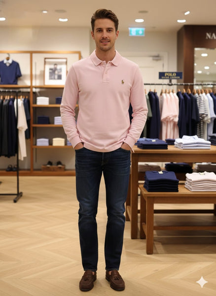 Men’s Pink Long-Sleeve Polo T-Shirt Classic Luxury Wear