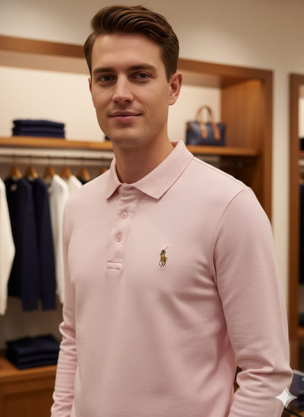 Men’s Pink Long-Sleeve Polo T-Shirt Classic Luxury Wear