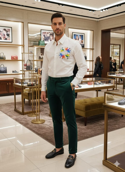 Men’s Luxury White Shirt with Colorful Embroidered Chest Design