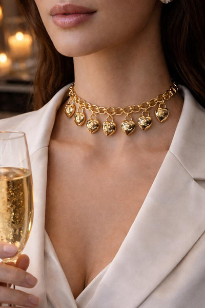 Women’s Premium Gold-Tone Charm Necklace with Heart Pendants