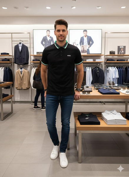 Exclusive Branded Black Polo T-Shirt with Green & White Trim