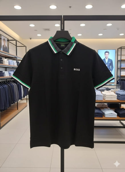 Exclusive Branded Black Polo T-Shirt with Green & White Trim