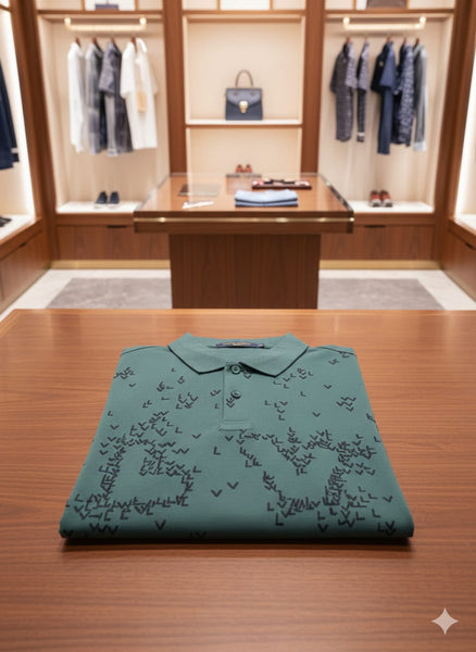 Luxury Green Polo T-Shirt with All-Over Monogram Print