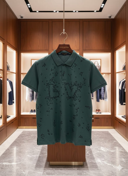 Luxury Green Polo T-Shirt with All-Over Monogram Print