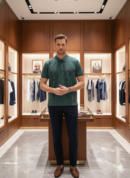 Luxury Green Polo T-Shirt with All-Over Monogram Print