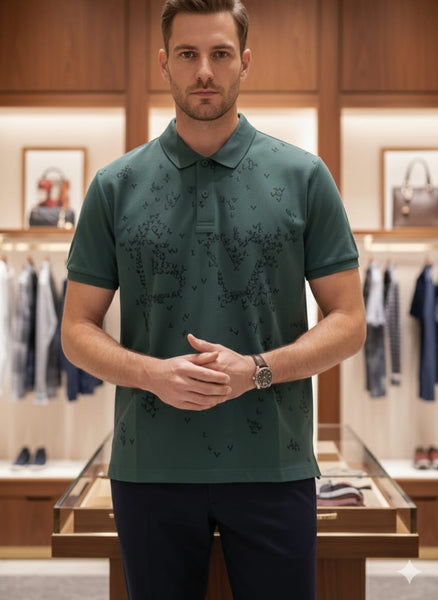 Luxury Green Polo T-Shirt with All-Over Monogram Print