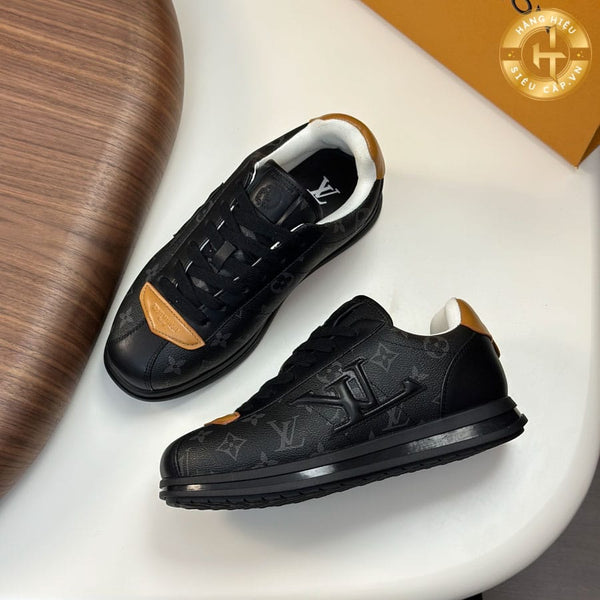 Premium  Black Monogram Low-Top Sneakers with Gold Accent