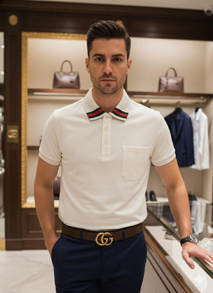 Premium Classic White Designer Polo T-Shirt with Signature Stripe Collar