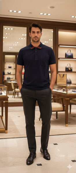 Luxury Navy Designer Polo T-Shirt with Signature Web Collar