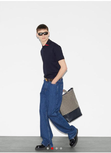 Luxury Navy Designer Polo T-Shirt with Signature Web Collar