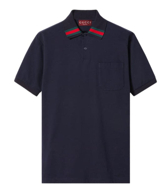 Luxury Navy Designer Polo T-Shirt with Signature Web Collar