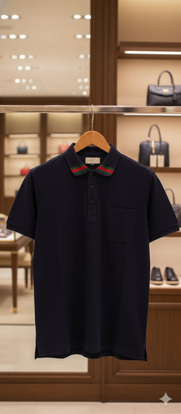 Luxury Navy Designer Polo T-Shirt with Signature Web Collar