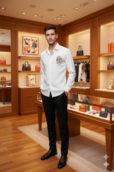 Luxury White Embroidered Horse Logo Formal Shirt