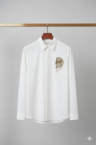 Luxury White Embroidered Horse Logo Formal Shirt