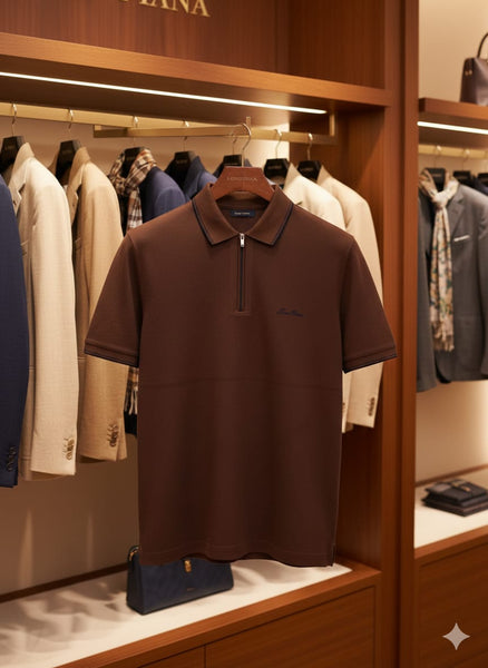 Premium Branded Brown Zip-Neck Polo T-Shirt