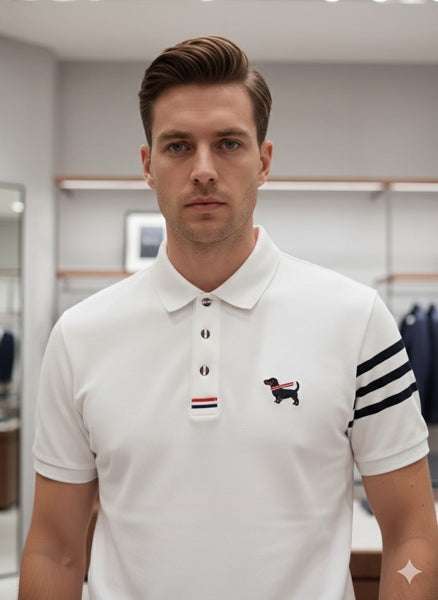 Premium White Polo T-Shirt with Striped Sleeve
