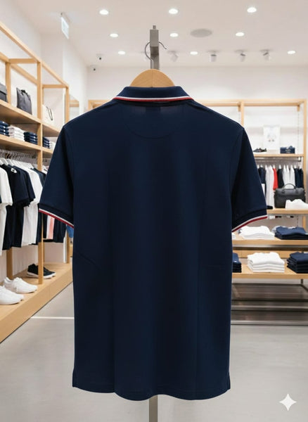 Premium Blue Polo Shirt with Contrast Collar & Sleeve Stripes