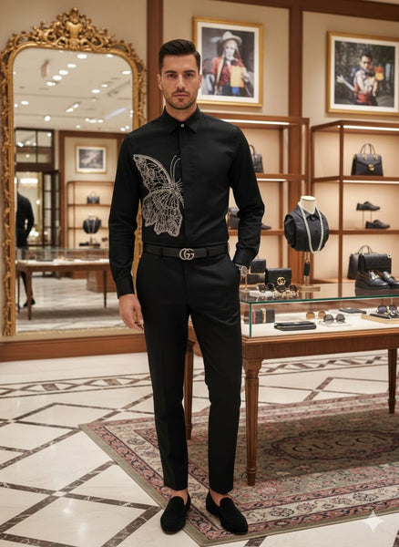 Elegant Black Shirt with Butterfly Embellishment