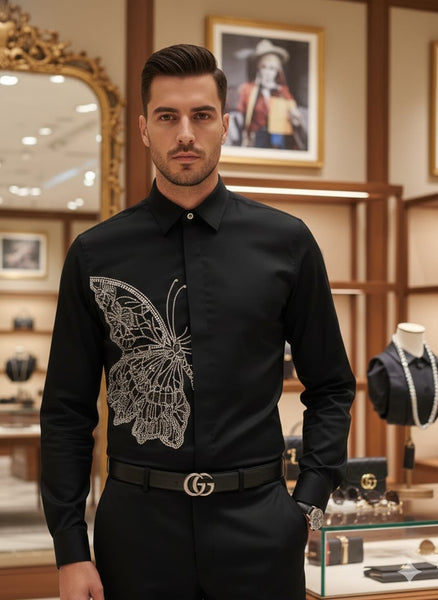 Elegant Black Shirt with Butterfly Embellishment