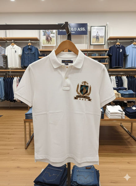 Imported Brand  Men’s Classic White Polo T-Shirt with Embroidered Crest Logo