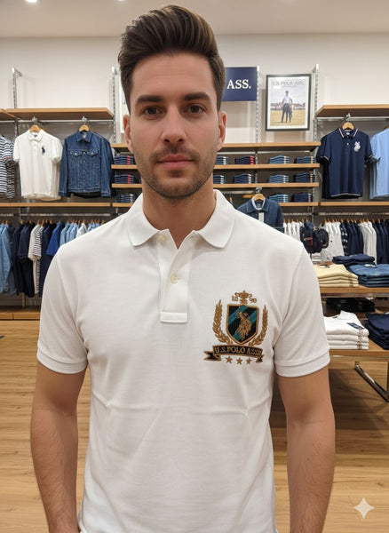 Imported Brand  Men’s Classic White Polo T-Shirt with Embroidered Crest Logo