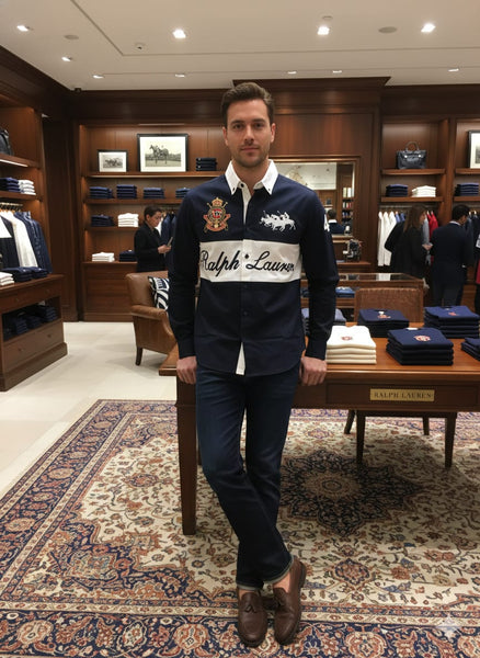 Men’s Navy Colorblock Casual Shirt Embroidered Logo Premium Long Sleeve Style